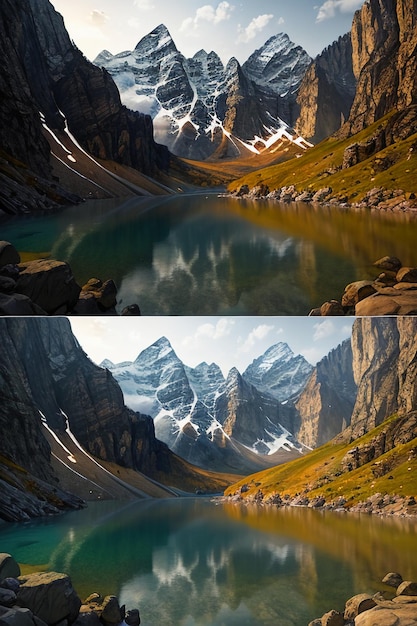 Bellissimo paesaggio fotografia sfondo sfondo picchi lago canyon cielo nuvole bianche