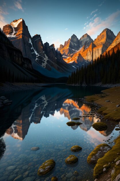 Bellissimo paesaggio fotografia sfondo sfondo picchi lago canyon cielo nuvole bianche