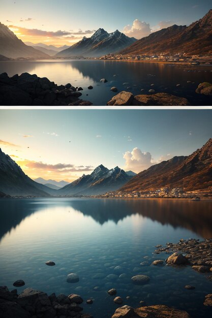 Bellissimo paesaggio fotografia sfondo sfondo picchi lago canyon cielo nuvole bianche