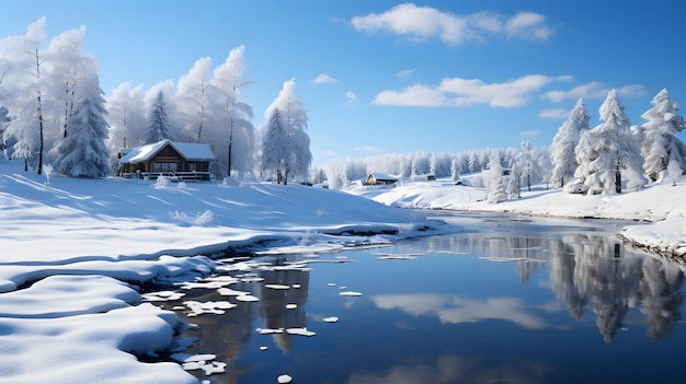 Bellissimo paesaggio invernale con abeti innevati e lago all'alba