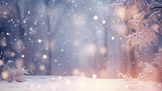 Bellissimo paesaggio invernale con alberi coperti di neve e luci bokeh AI generativa