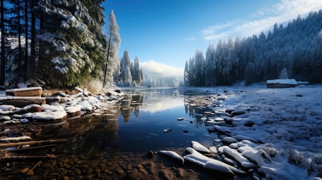 Bellissimo paesaggio invernale con fiume di montagna ghiacciato e foresta di conifere