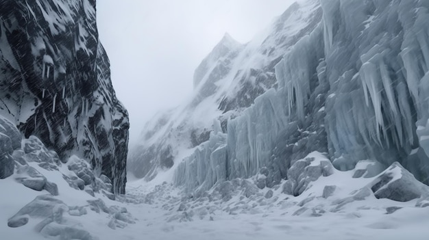 Bellissimo paesaggio invernale con ghiaccioli e neve in montagna IA generativa