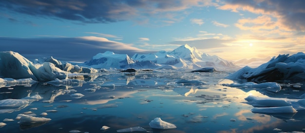 Bellissimo paesaggio invernale con iceberg e banchi di ghiaccio al tramonto