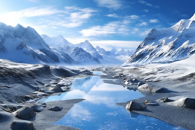 Bellissimo paesaggio invernale con lago e montagne