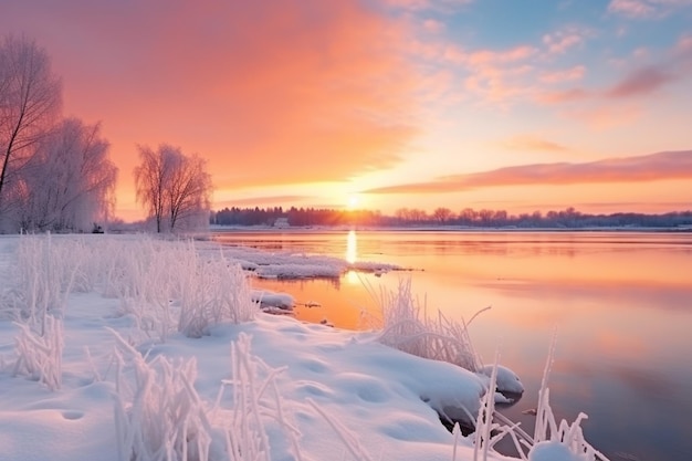 Bellissimo paesaggio invernale con un lago ghiacciato