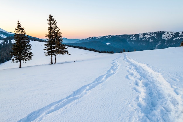 Bellissimo paesaggio invernale in montagna con percorso di neve nella steppa