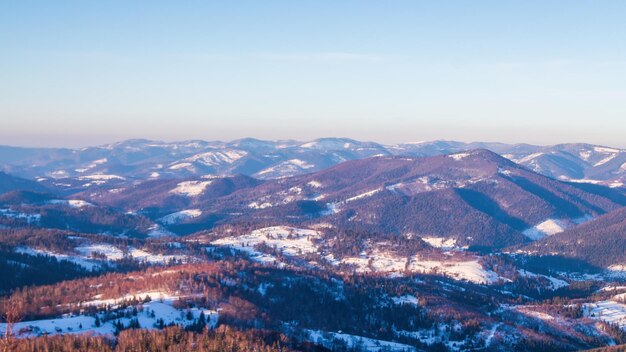 Bellissimo paesaggio invernale in montagna Il sole irrompe tra i rami innevati dell'albero di abete Terra e alberi ricoperti da uno spesso strato di neve fresca e soffice