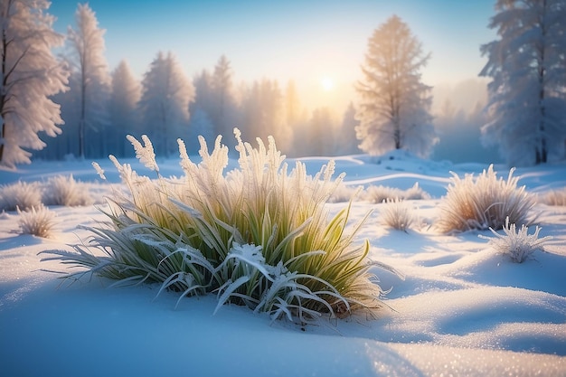 bellissimo paesaggio invernale morbido erba congelata sullo sfondo naturale innevato stagione invernale clima freddo geloso