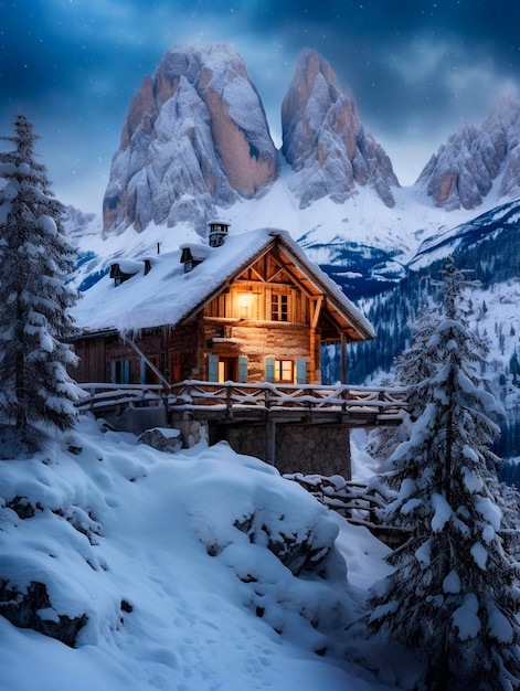 Bellissimo paesaggio invernale nelle Dolomiti con una casa in legno