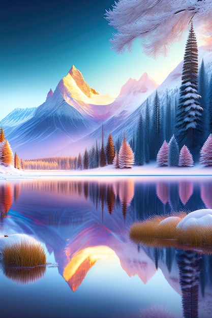 Bellissimo paesaggio magico del paese delle meraviglie invernali Arte digitale