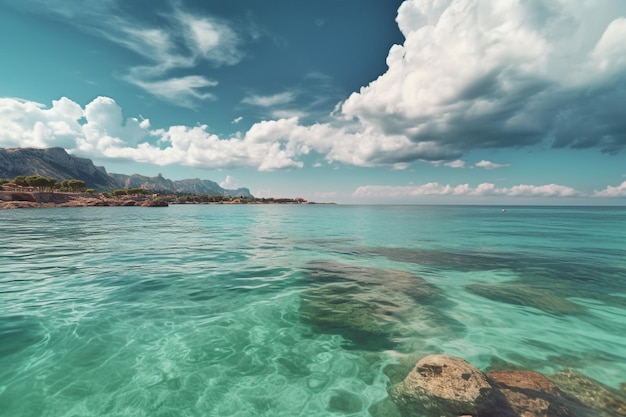 Bellissimo paesaggio marino con acqua turchese e cielo con nuvole