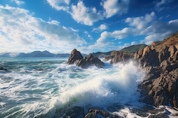 Bellissimo paesaggio marino con le onde che si schiantano contro le rocce in una giornata di sole Una vista del paesaggio di Rocky Beach con onde marine violente e un bellissimo cielo generato dall'IA