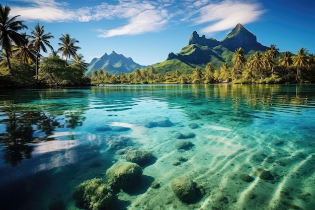 Bellissimo paesaggio marino con palme e montagne sullo sfondo Una laguna pacifica e tranquilla a Bora Bora Polinesia francese AI Generated