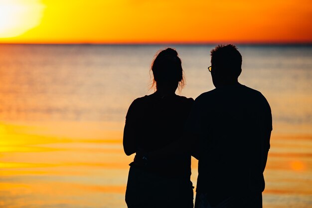 Bellissimo paesaggio marino con persone che guardano il tramonto sul mare.