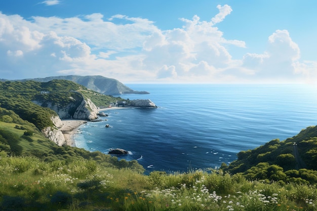 Bellissimo paesaggio marino con vista sul mare e sulle montagne