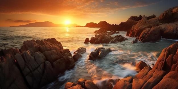 Bellissimo paesaggio marino di roccia durante il tramonto con la roccia sullo sfondo