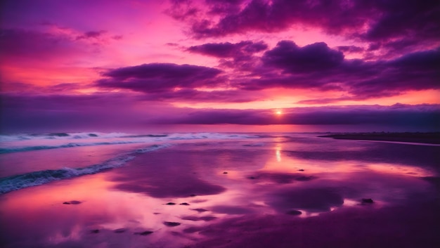 Bellissimo paesaggio marino naturale atmosferico widescreen del tramonto con cielo strutturato nei toni viola