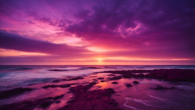 Bellissimo paesaggio marino naturale atmosferico widescreen del tramonto con cielo strutturato nei toni viola