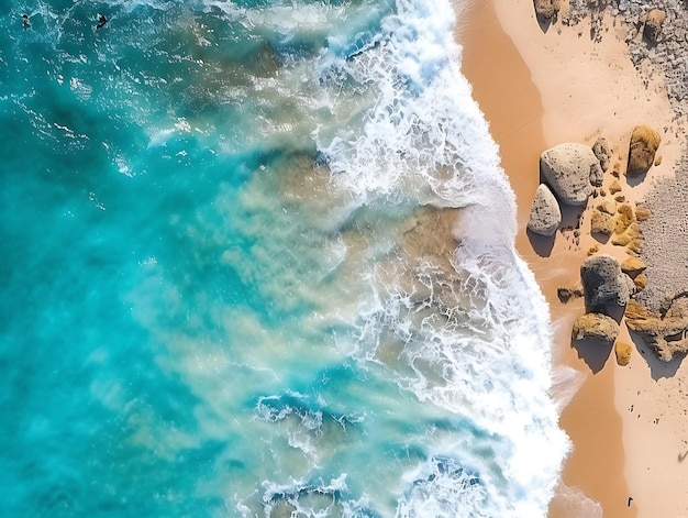 Bellissimo paesaggio marino panoramico con onde di surf contro un cielo blu soleggiato con nuvole Ai Generative