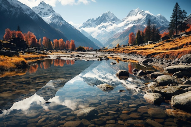 bellissimo paesaggio montano con lago e foresta autunnale