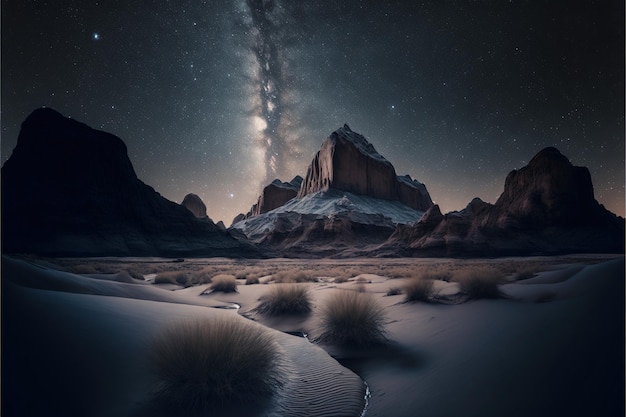 Bellissimo paesaggio montano e lago con cielo notturno stellato