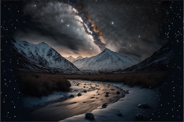 Bellissimo paesaggio montano e lago con cielo notturno stellato