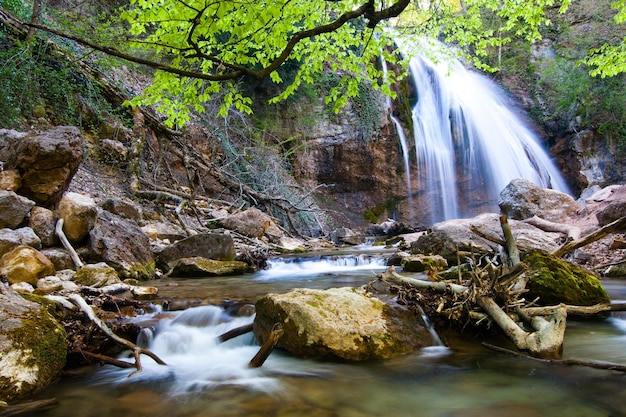 Bellissimo paesaggio naturale cascata in campagna nella foresta pluviale vista della cascata della Crimea Natura pura e meravigliosa della Crimea Ucraina territorio occupato dalla Federazione Russa
