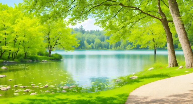 Bellissimo paesaggio naturale colorato primavera estate con un lago nel parco circondato ai generato