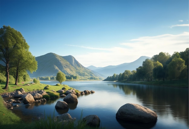 Bellissimo paesaggio naturale con montagne verdi cielo blu alberi luce solare acqua e fiori