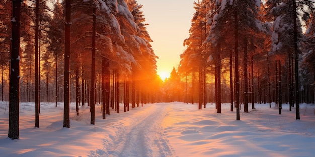 Bellissimo paesaggio naturale innevato invernale al tramonto