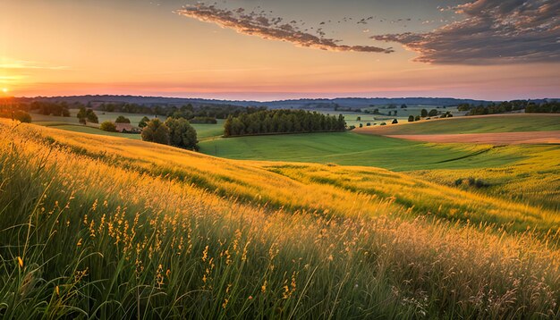 Bellissimo paesaggio naturale panoramico di campagna Fiorente erba alta selvatica in natura al tramonto