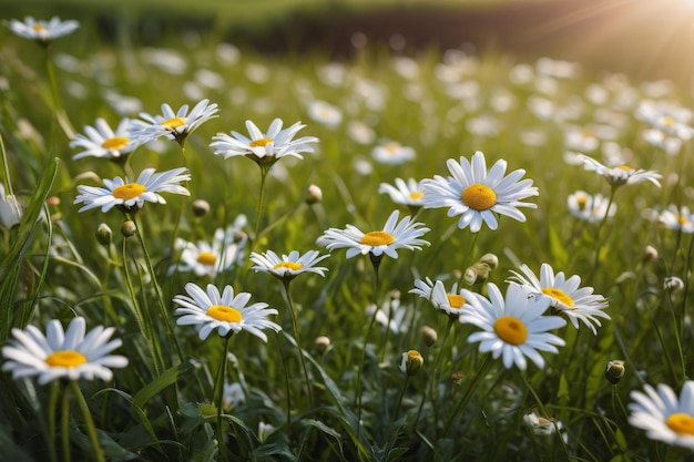 Bellissimo paesaggio naturale primaverile ed estivo con un campo di margherite in fiore nell'erba nella collina