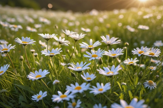 Bellissimo paesaggio naturale primaverile ed estivo con un campo di margherite in fiore nell'erba nella collina