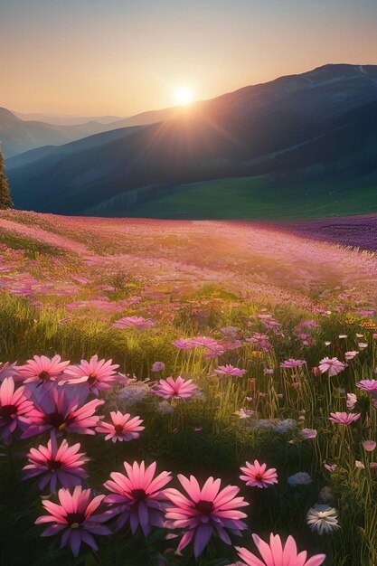 Bellissimo paesaggio naturale primaverile ed estivo di un prato fiorito in una zona collinare in un giorno di sole brillante