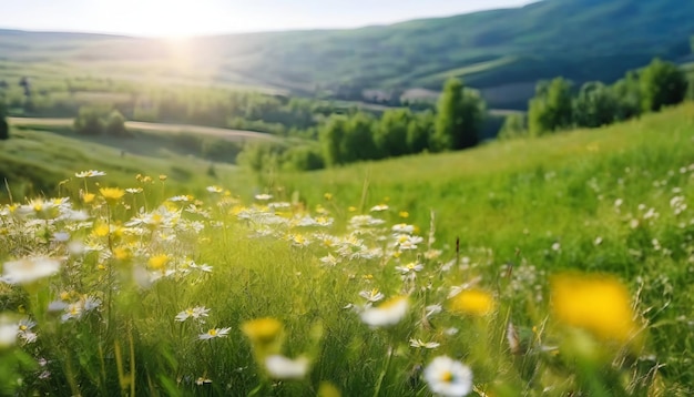 Bellissimo paesaggio naturale primaverile estivo di un prato fiorito in una zona collinare in una luminosa giornata di sole