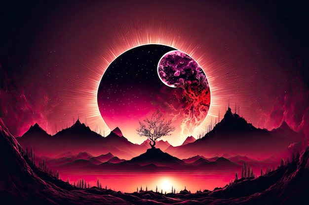 Bellissimo paesaggio notturno con eclissi nel cielo nei toni del rosso porpora