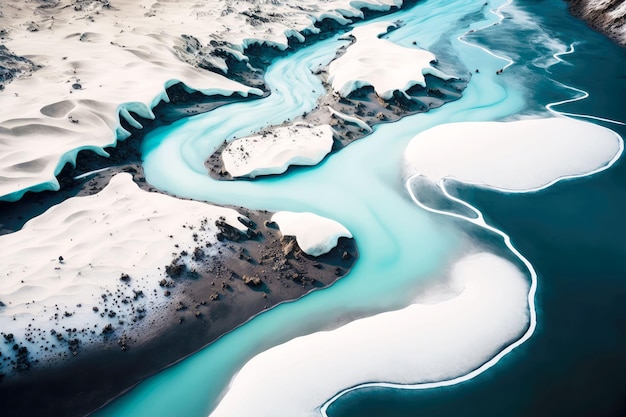 Bellissimo paesaggio originale del fiume aereo islandese nei toni del turchese bianco