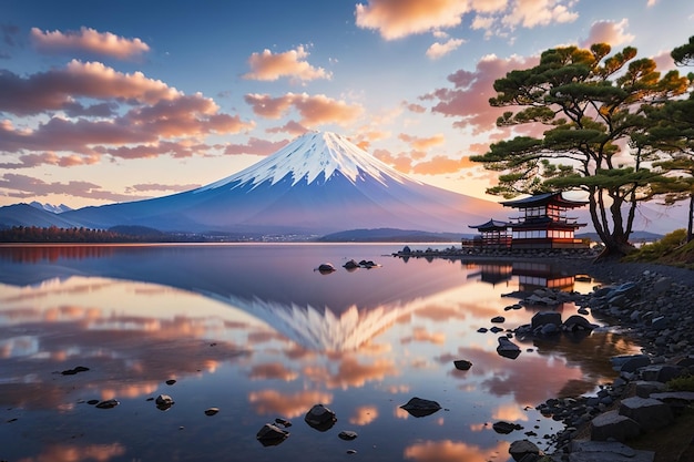 Bellissimo paesaggio panoramico della montagna Fuji o Fujisan con riflesso sul lago Shoji all'alba con cielo al crepuscolo nella prefettura di Yamanashi Giappone Viaggi famosi e campeggio in 1 dei 5 laghi di Fuji