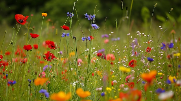 Bellissimo paesaggio panoramico estivo colorato di prato di fiori con margherite contro Generative Ai