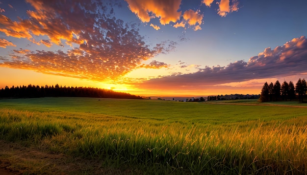 Bellissimo paesaggio panoramico naturale colorato al tramonto Campo con erba selvatica la sera nei raggi