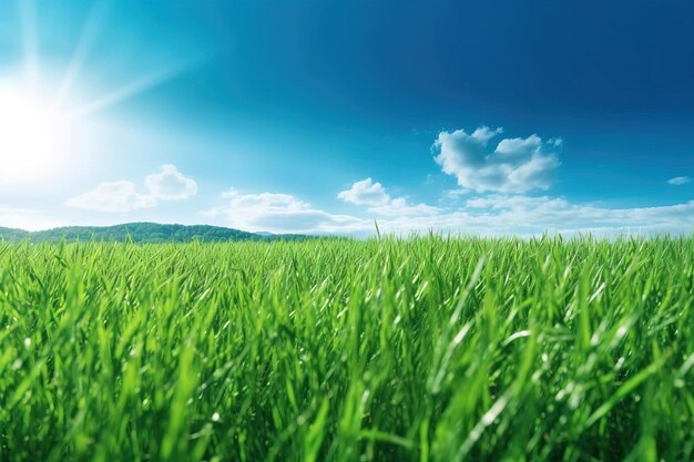 Bellissimo paesaggio panoramico naturale di un campo verde con erba contro un cielo blu con sole Primavera estate sfondo sfocato