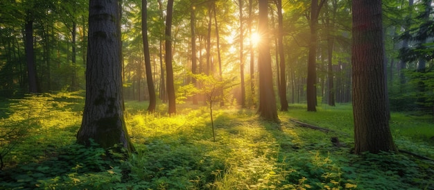 Bellissimo paesaggio panoramico raggi di sole al mattino nella foresta verde lussuosa Generare immagine AI