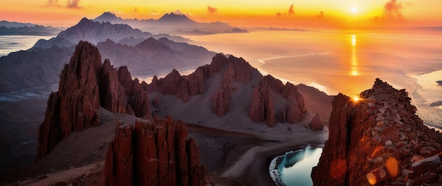 Bellissimo paesaggio pittoresco di una catena montuosa all'alba IA generativa