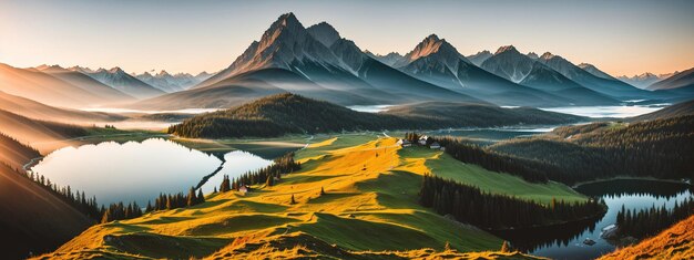 Bellissimo paesaggio pittoresco di una catena montuosa all'alba Le cime delle montagne sono coperte di neve