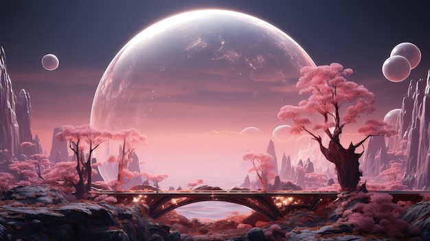 Bellissimo paesaggio planetario fantasy con tema rosa