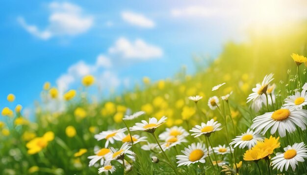 Bellissimo paesaggio primaverile con prati di fiori gialli e margherite contro il cielo blu