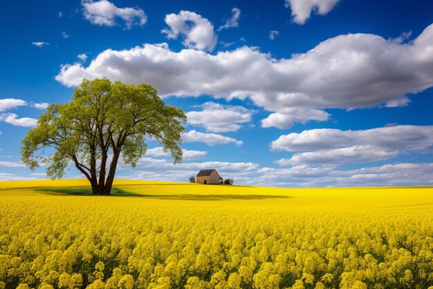 Bellissimo paesaggio primaverile con un campo di colza in fiore e un albero solitario
