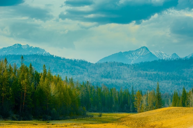 Bellissimo paesaggio primaverile delle montagne Sayan occidentali.