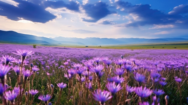 Bellissimo paesaggio rurale con fiori viola in fiore